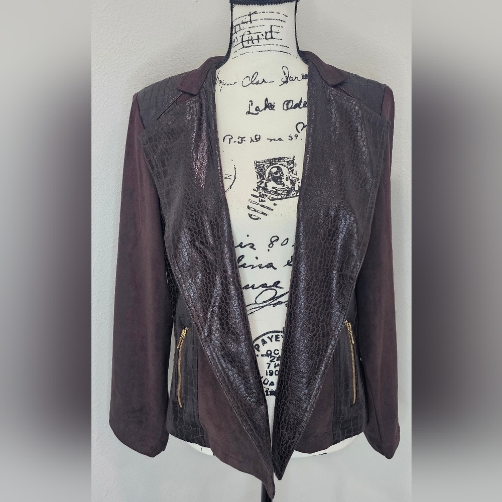Chico’s Size 2 (L/12) Brown Faux Reptile Suede Open Front Cardigan Jacket Blazer